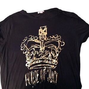Juicy Couture large black top super soft tee shirt high low gold foil detail